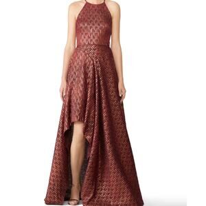 Badgley Mischka Dress Womens 12 Red Ruby Gold Halter Gown Slit Side
